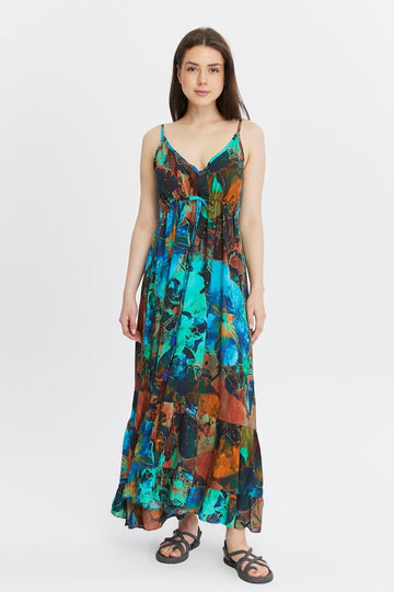 Leaf Patterned Strap Long Dress – Colorful and Chic Summer Style