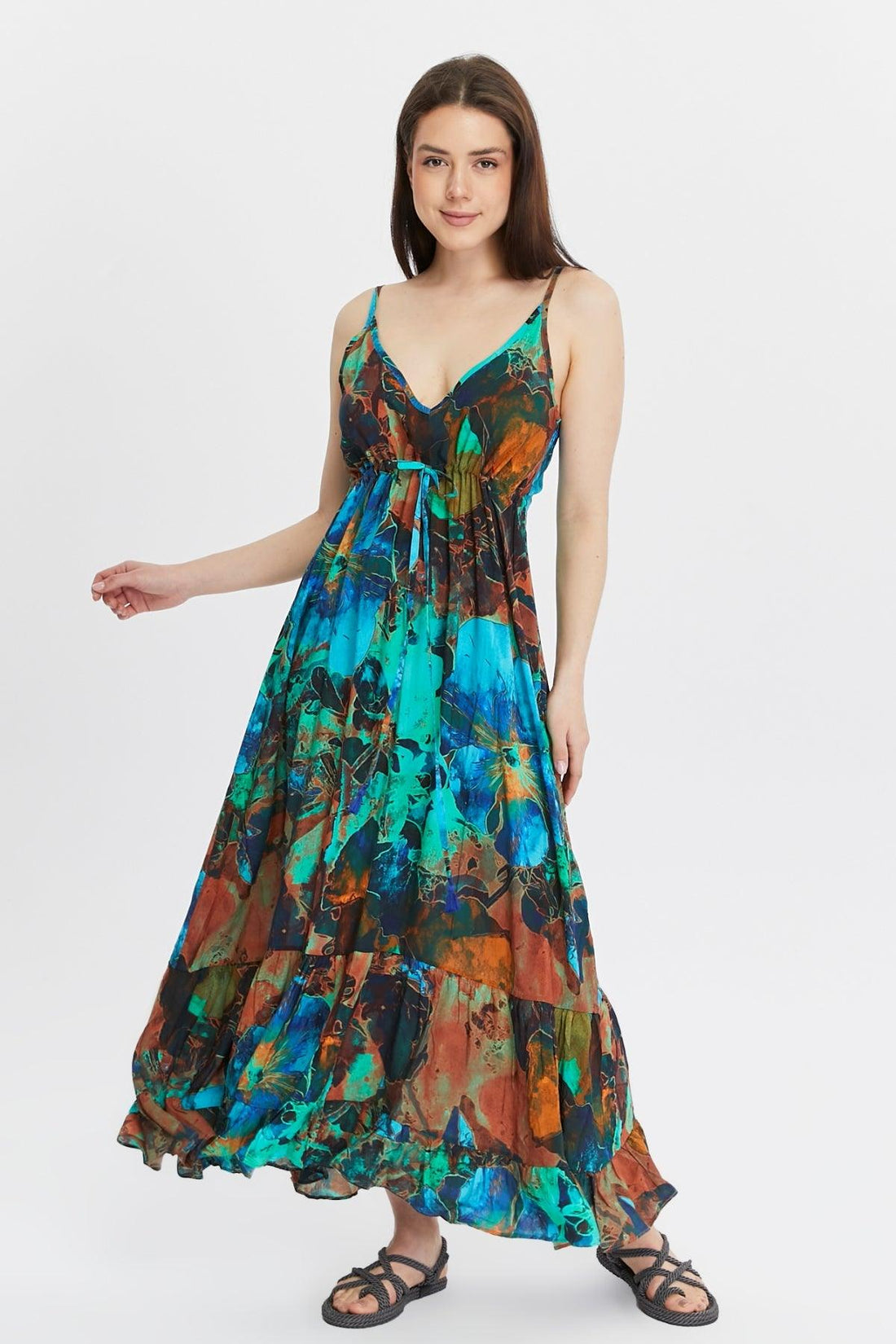 Leaf Patterned Strap Long Dress – Colorful and Chic Summer Style