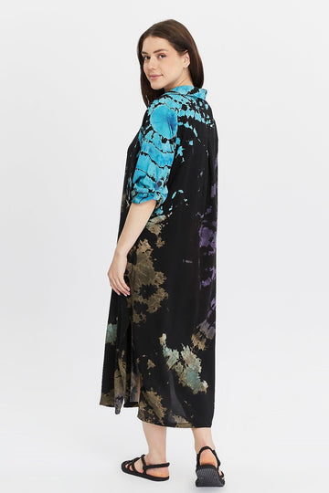 Black Slit Tie Dye Patterned Shirt Dress