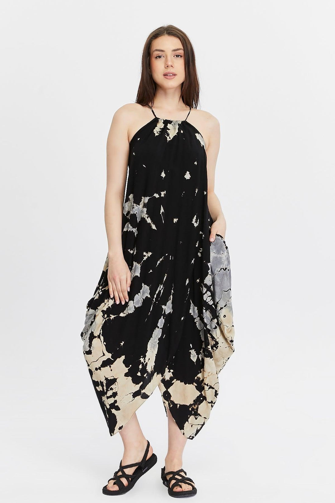 Black Tie Dye Patterned Slit Dress