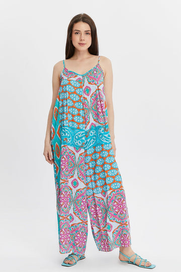 Ethnic Patterned Blue Jumpsuit