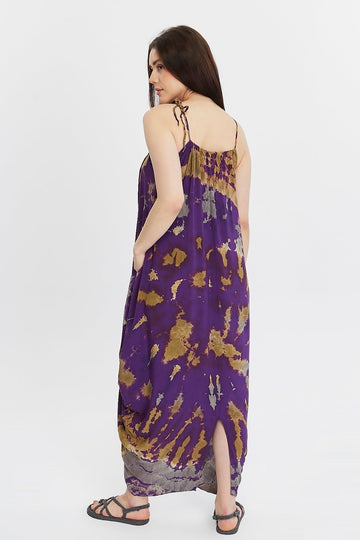 Batik Desenli Askılı Mor Elbise