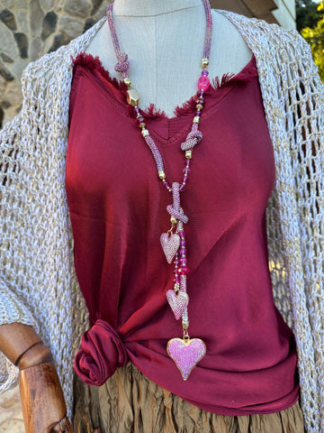 Heart Stone Embroidered Long Necklace - Special Design and Elegant Details