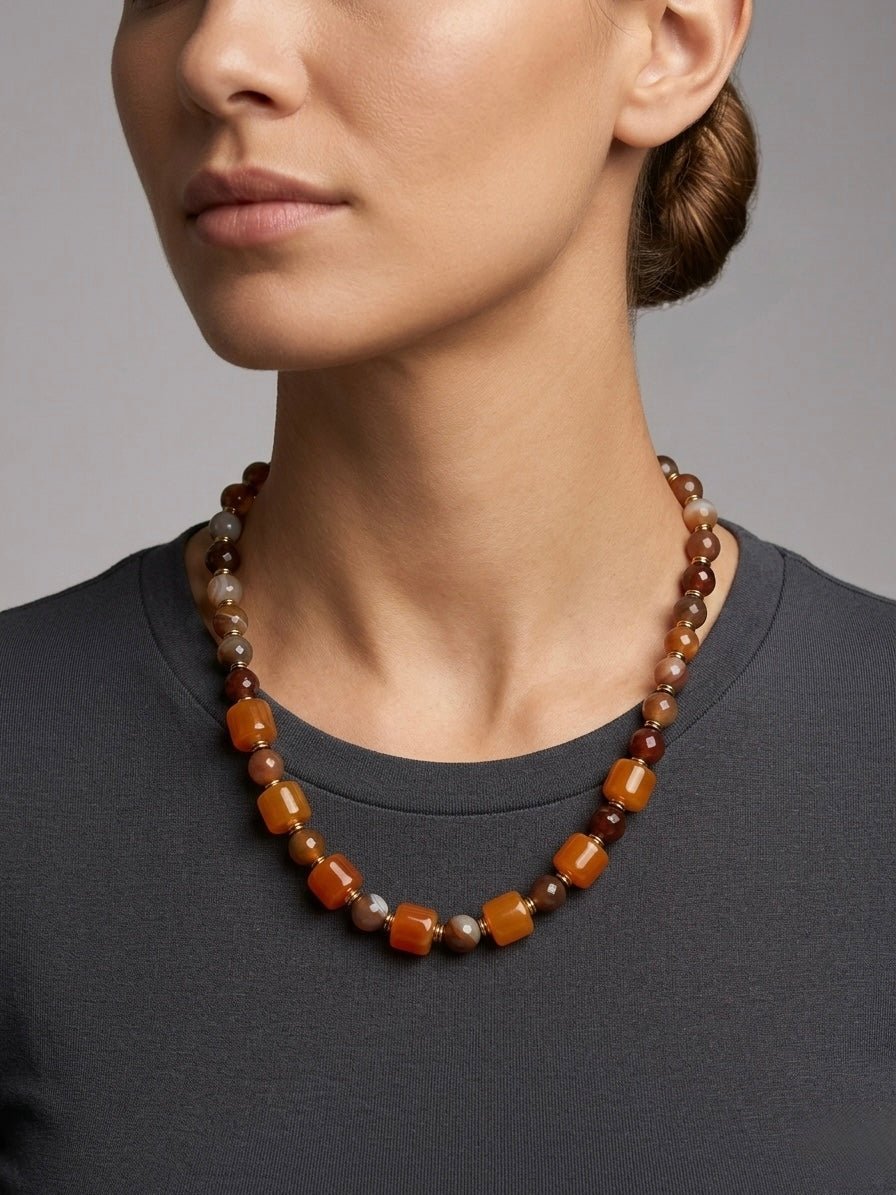 Akik ve Karnelyan Doğal Taş Silindir Kesim Kolye - Özel Tasarım El Yapımı Takı butik bohem giyim – Yılday Gür Butik Üsküdar Emaar