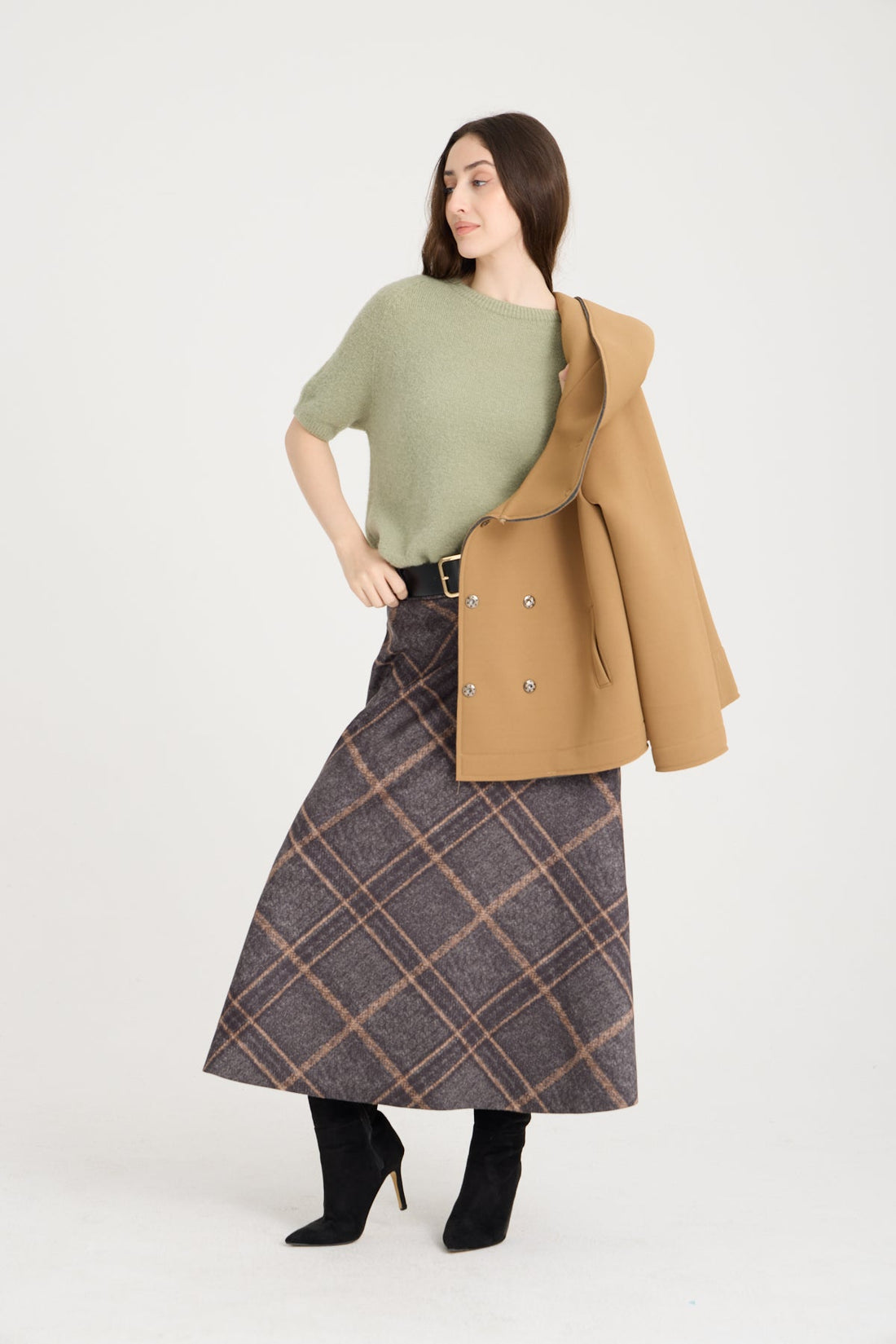 Antrasit Ekose Maxi Etek - Yüksek Bel A - Kesim Modern Ekose Etek Etek butik bohem giyim – Yılday Gür Butik Üsküdar Emaar