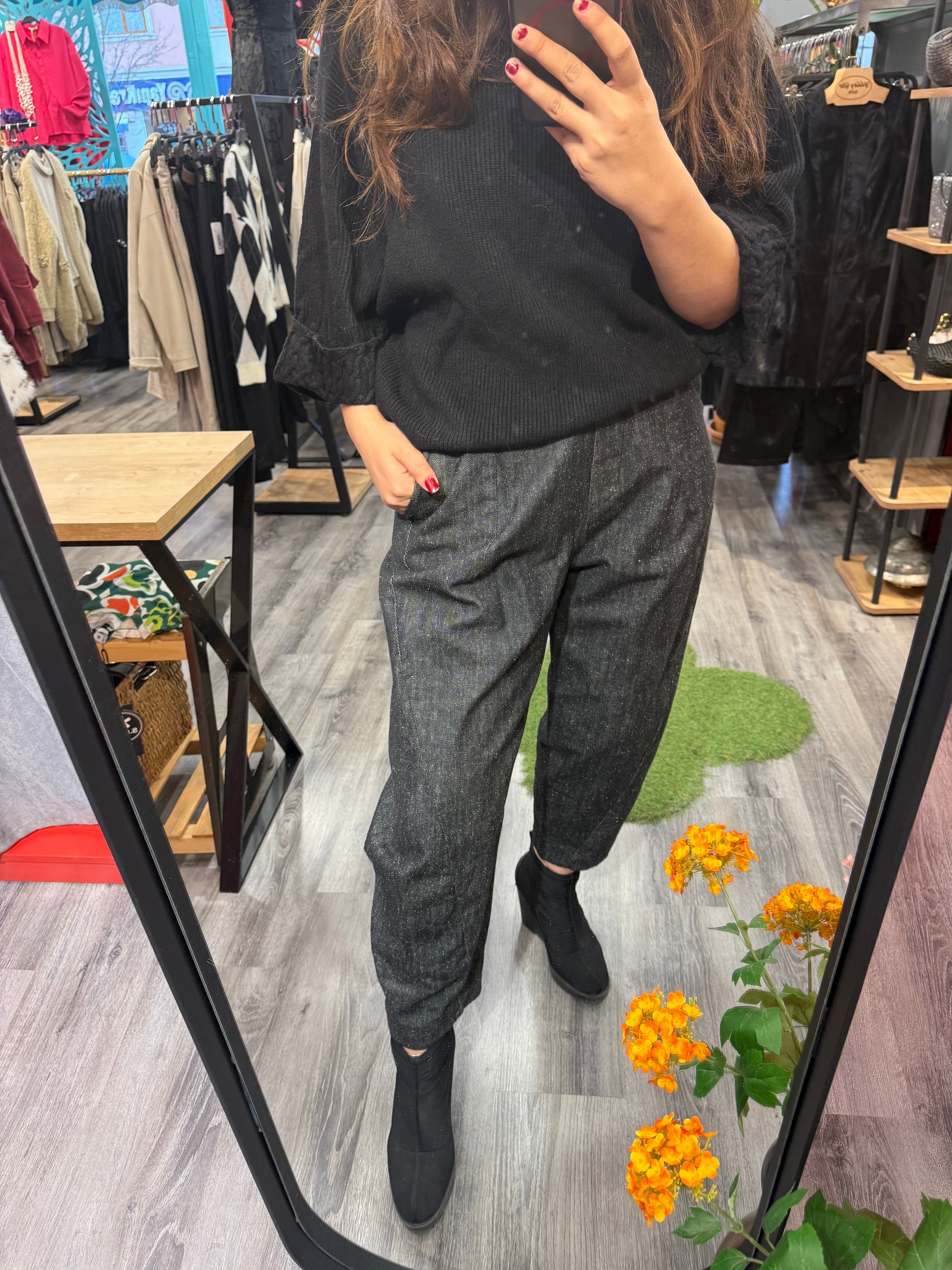Antrasit Kırçıllı Balon Jean Pantolon – Bohem Tarz Kadın Giyim Tasarım | Yılday Gür Butik