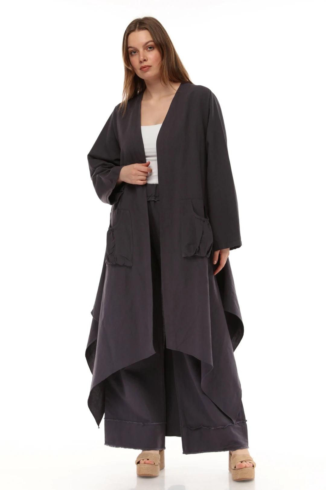 Antrasit Uzun Keten Kaftan butik bohem giyim – Yılday Gür Butik Üsküdar Emaar