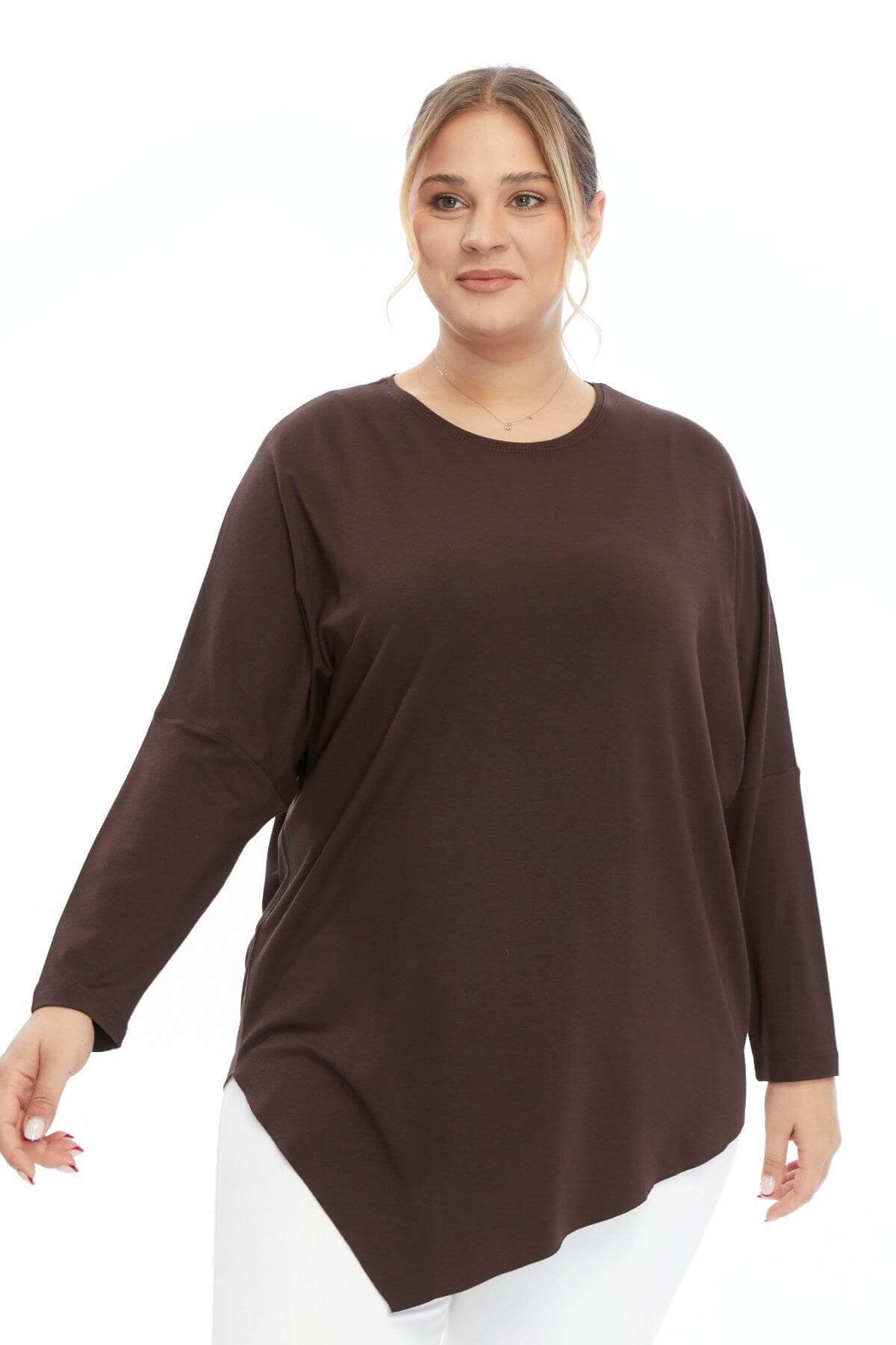 Asimetrik Uçlu Kahve Bluz – Bohem Tarz Kadın Giyim Tasarım | Yılday Gür Butik