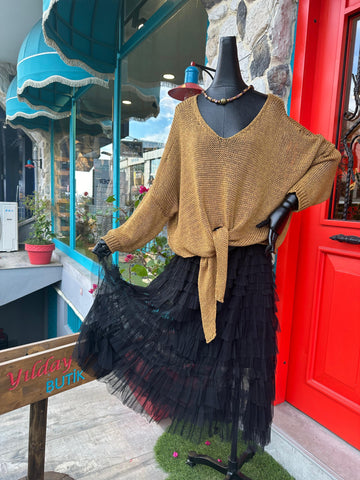 Bağlama Detaylı Kahverengi Triko – Bohem Tarz Kadın Giyim Tasarım | Yılday Gür Butik