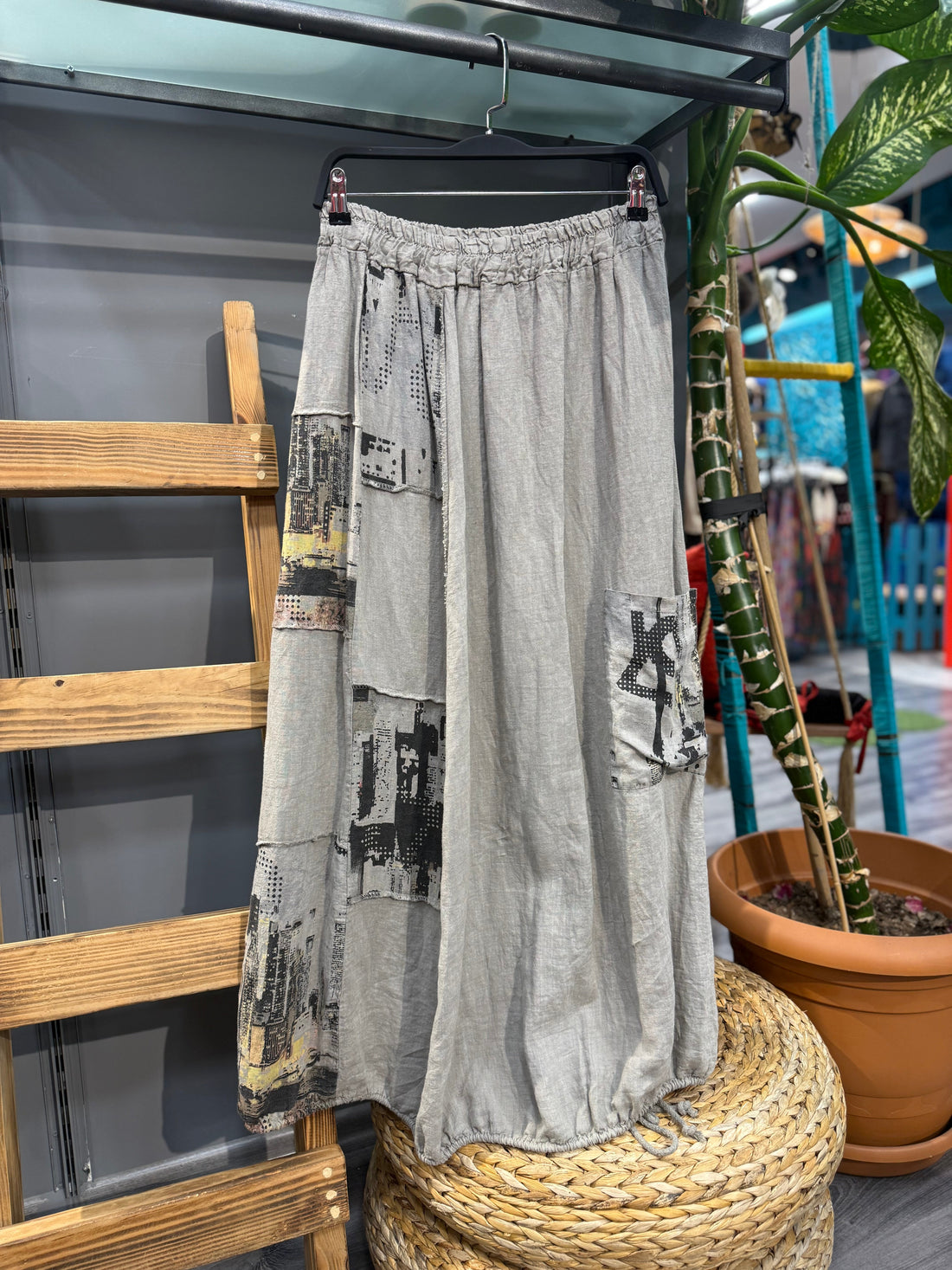 Baskılı Keten Balon Etek Antrasit - Grafik Desenli Bohem Tasarım Etek butik bohem giyim – Yılday Gür Butik Üsküdar Emaar