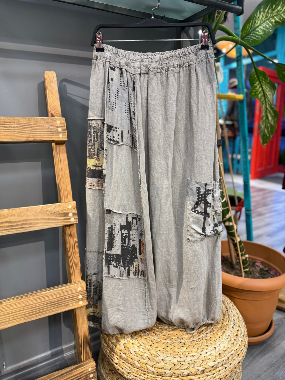 Baskılı Keten Balon Etek Antrasit - Grafik Desenli Bohem Tasarım Etek butik bohem giyim – Yılday Gür Butik Üsküdar Emaar