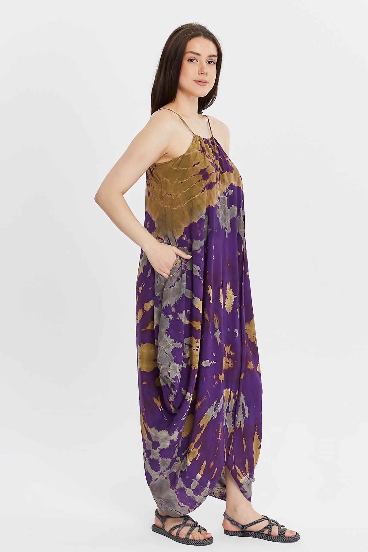 Batik Desenli Askılı Mor Elbise Elbiseler butik bohem giyim – Yılday Gür Butik Üsküdar Emaar