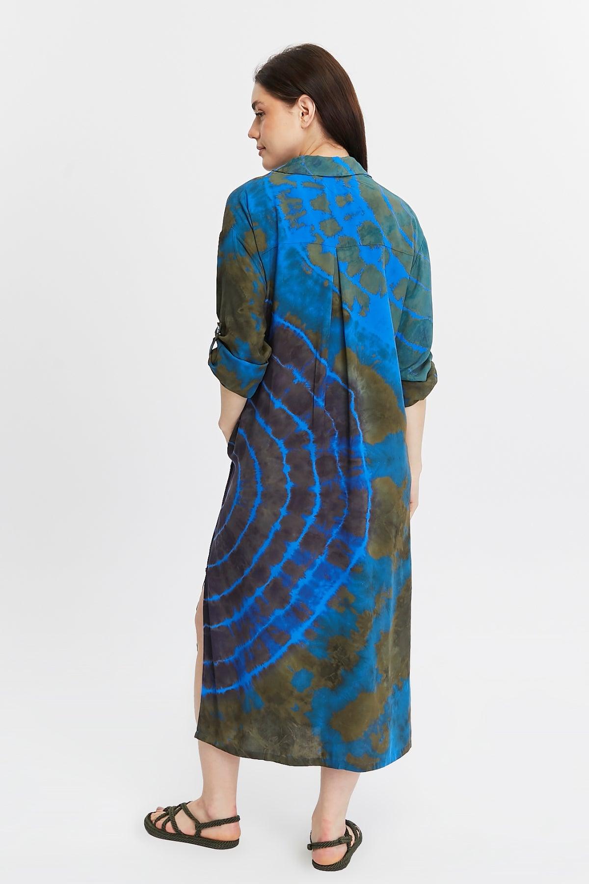 Batik Desenli Lacivert Gömlek Elbise – Bohem Tarz Kadın Giyim Tasarım | Yılday Gür Butik