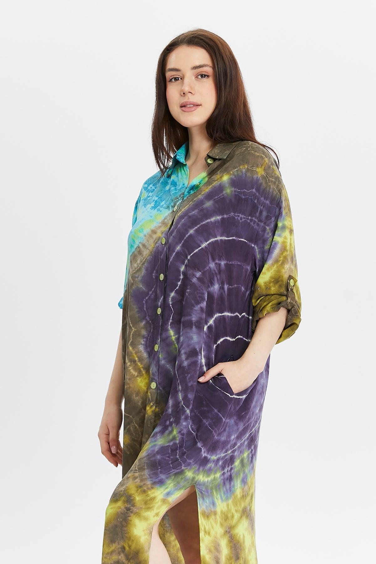 Batik Desenli Mavi Gömlek Elbise – Bohem Tarz Kadın Giyim Tasarım | Yılday Gür Butik