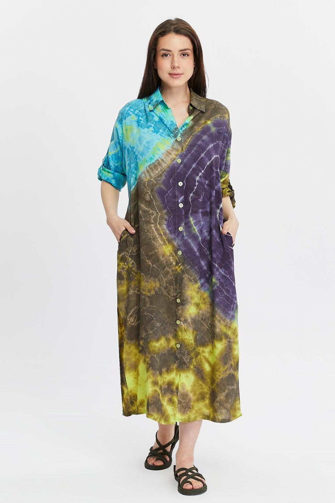 Batik Desenli Mavi Gömlek Elbise – Bohem Tarz Kadın Giyim Tasarım | Yılday Gür Butik