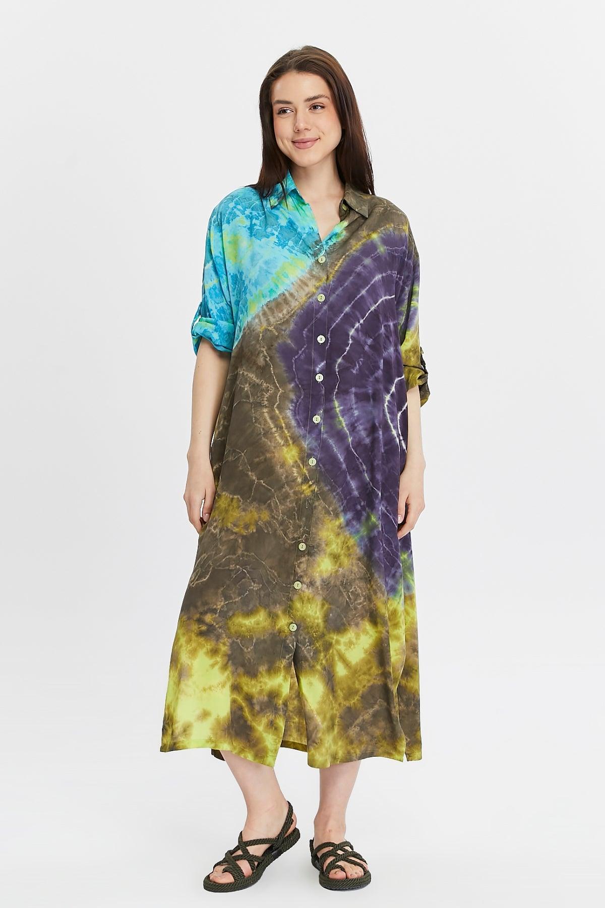 Batik Desenli Mavi Gömlek Elbise – Bohem Tarz Kadın Giyim Tasarım | Yılday Gür Butik