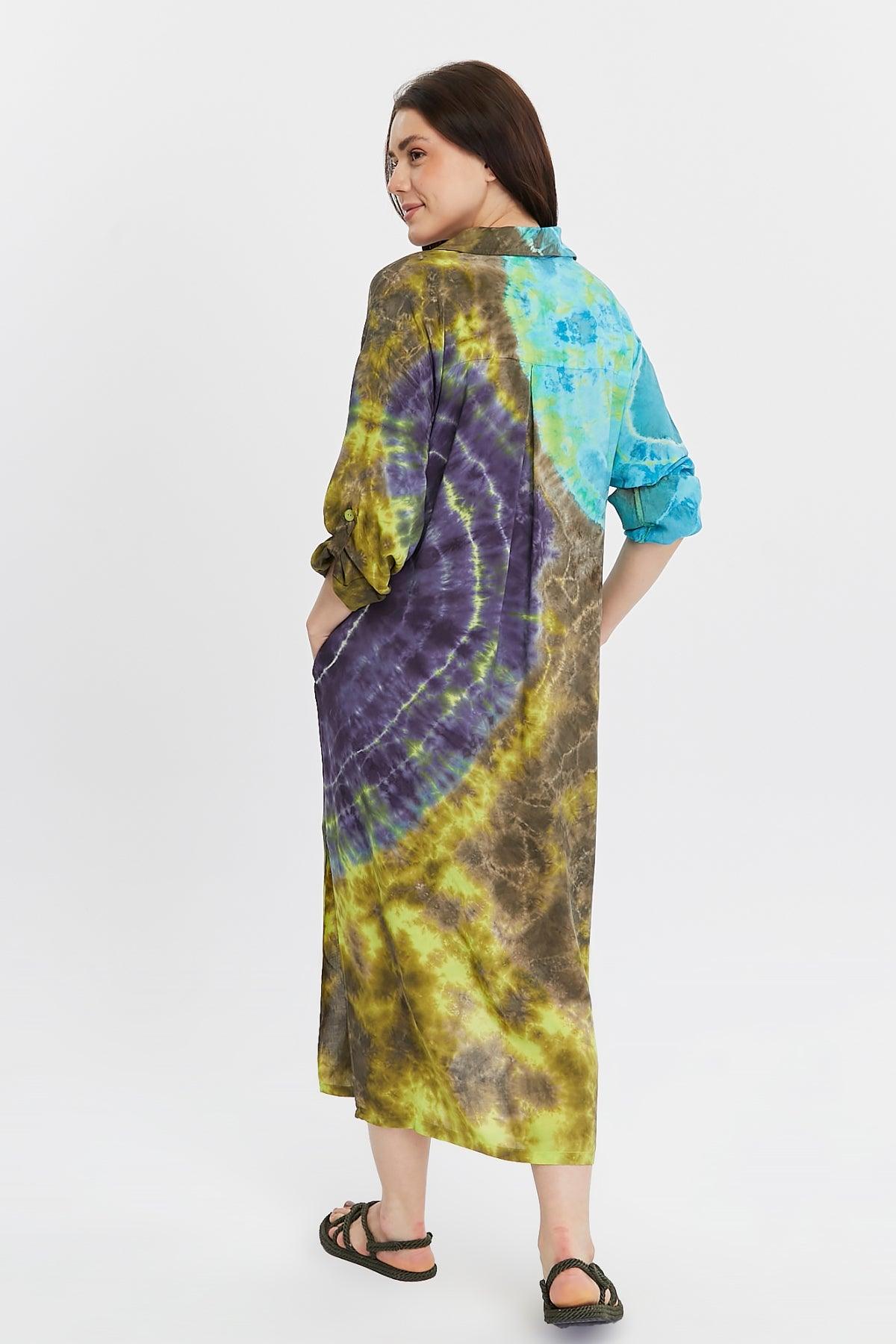 Batik Desenli Mavi Gömlek Elbise – Bohem Tarz Kadın Giyim Tasarım | Yılday Gür Butik
