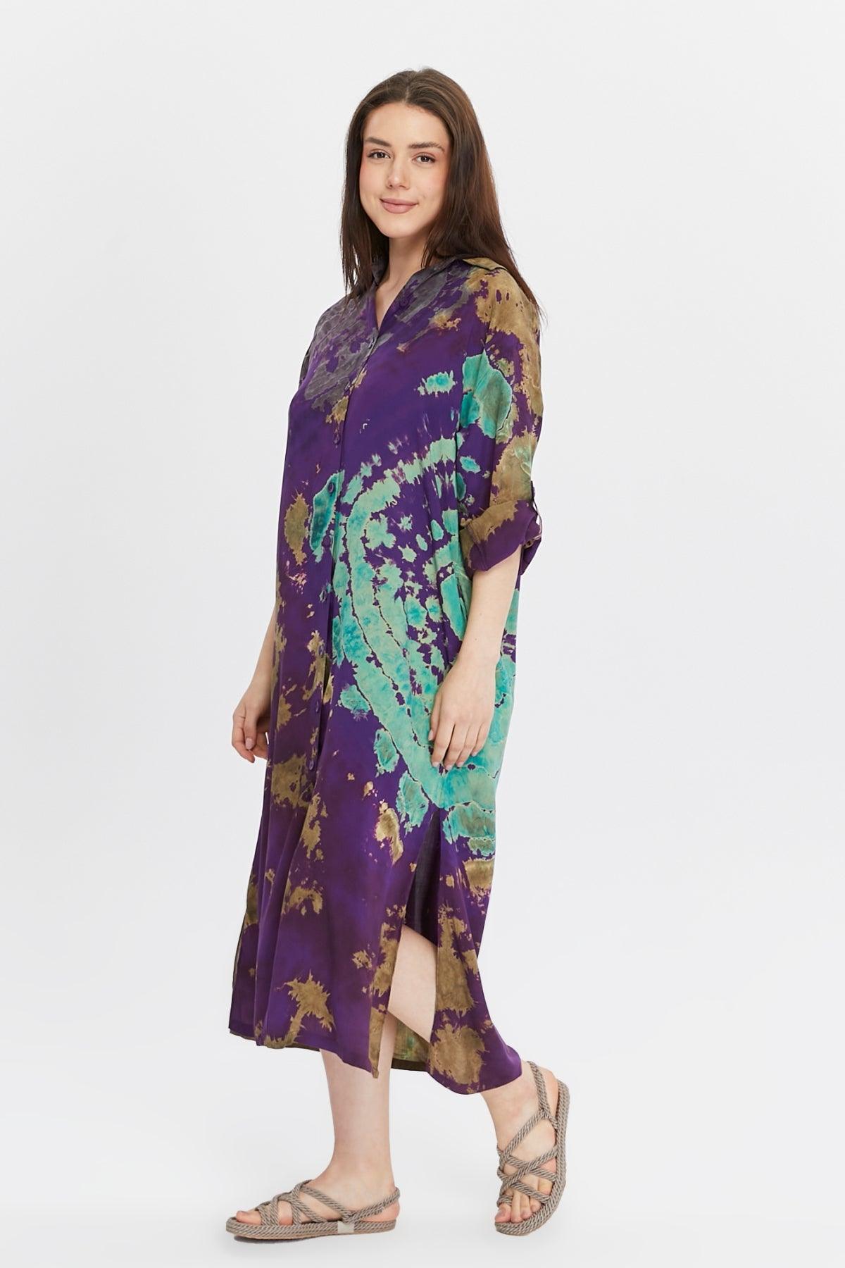 Batik Desenli Mor Gömlek Elbise Elbiseler butik bohem giyim – Yılday Gür Butik Üsküdar Emaar