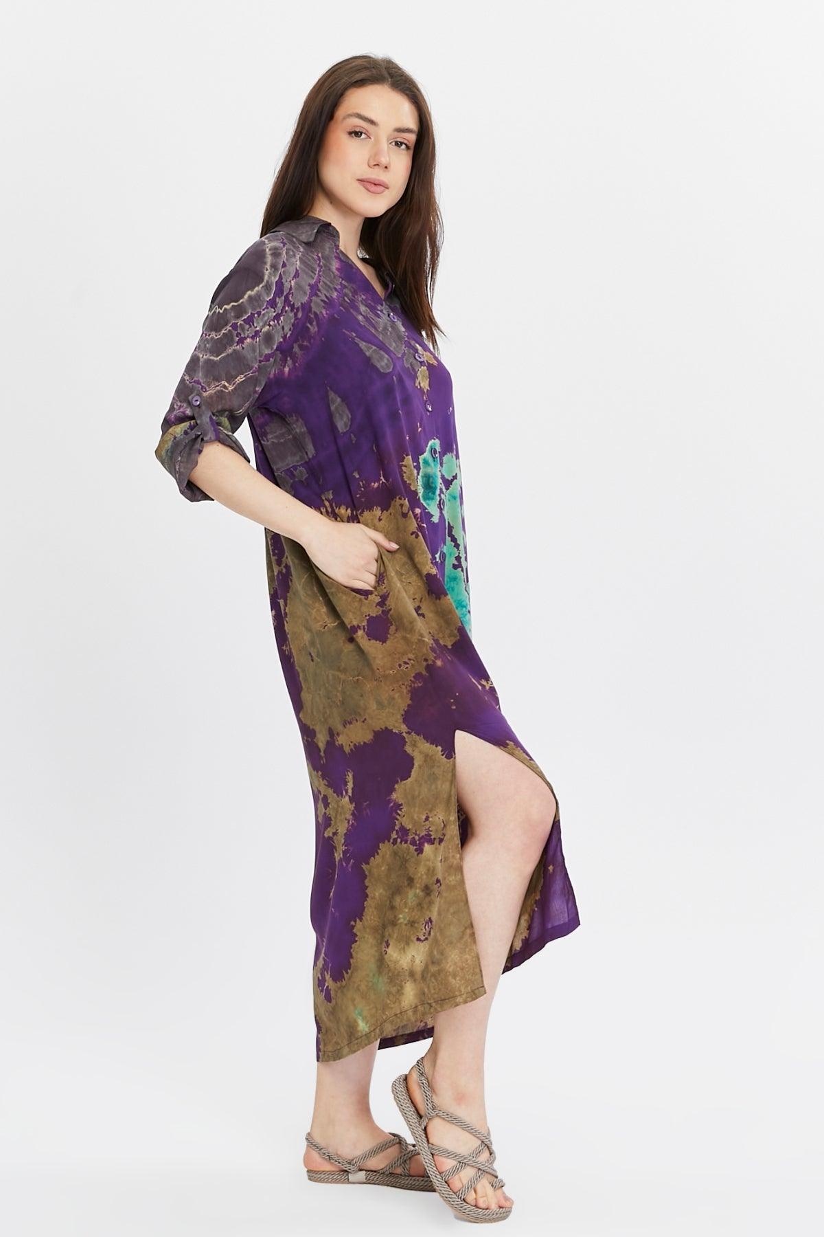 Batik Desenli Mor Gömlek Elbise Elbiseler butik bohem giyim – Yılday Gür Butik Üsküdar Emaar
