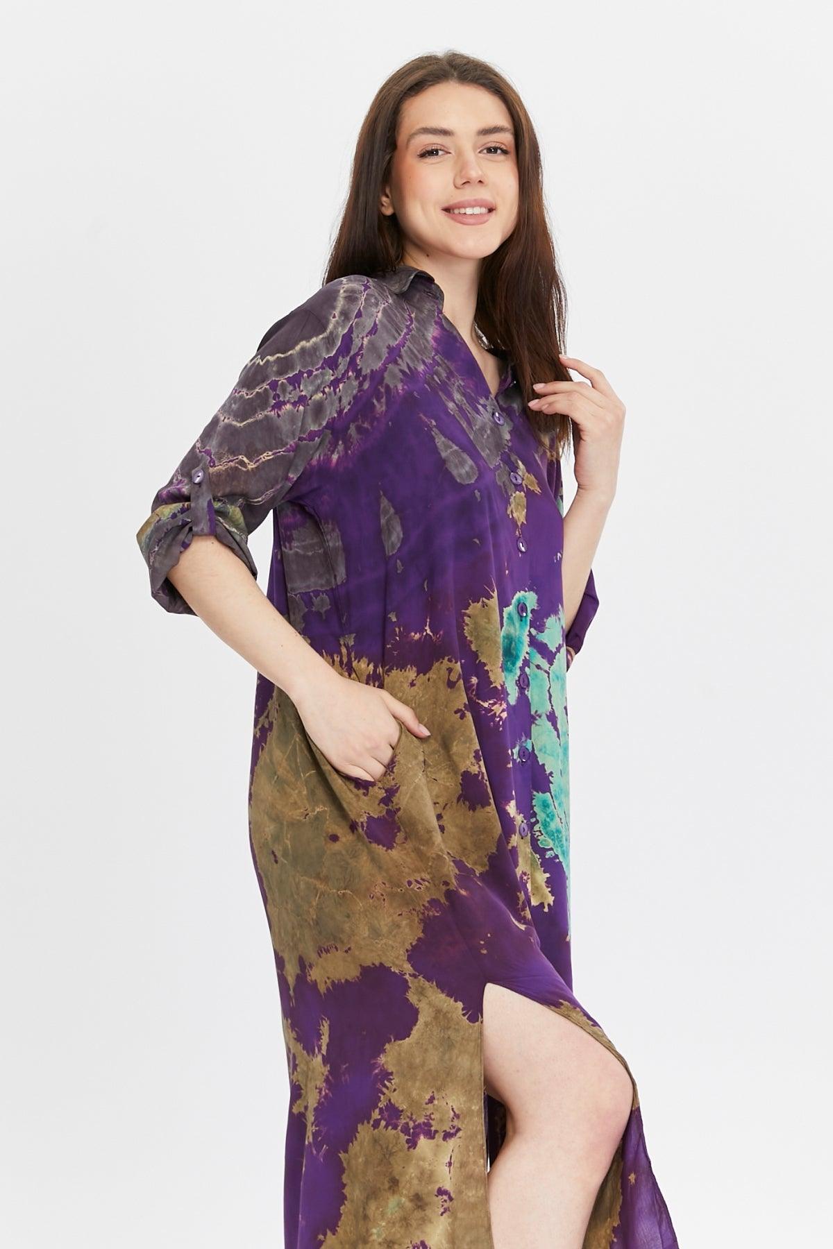 Batik Desenli Mor Gömlek Elbise Elbiseler butik bohem giyim – Yılday Gür Butik Üsküdar Emaar
