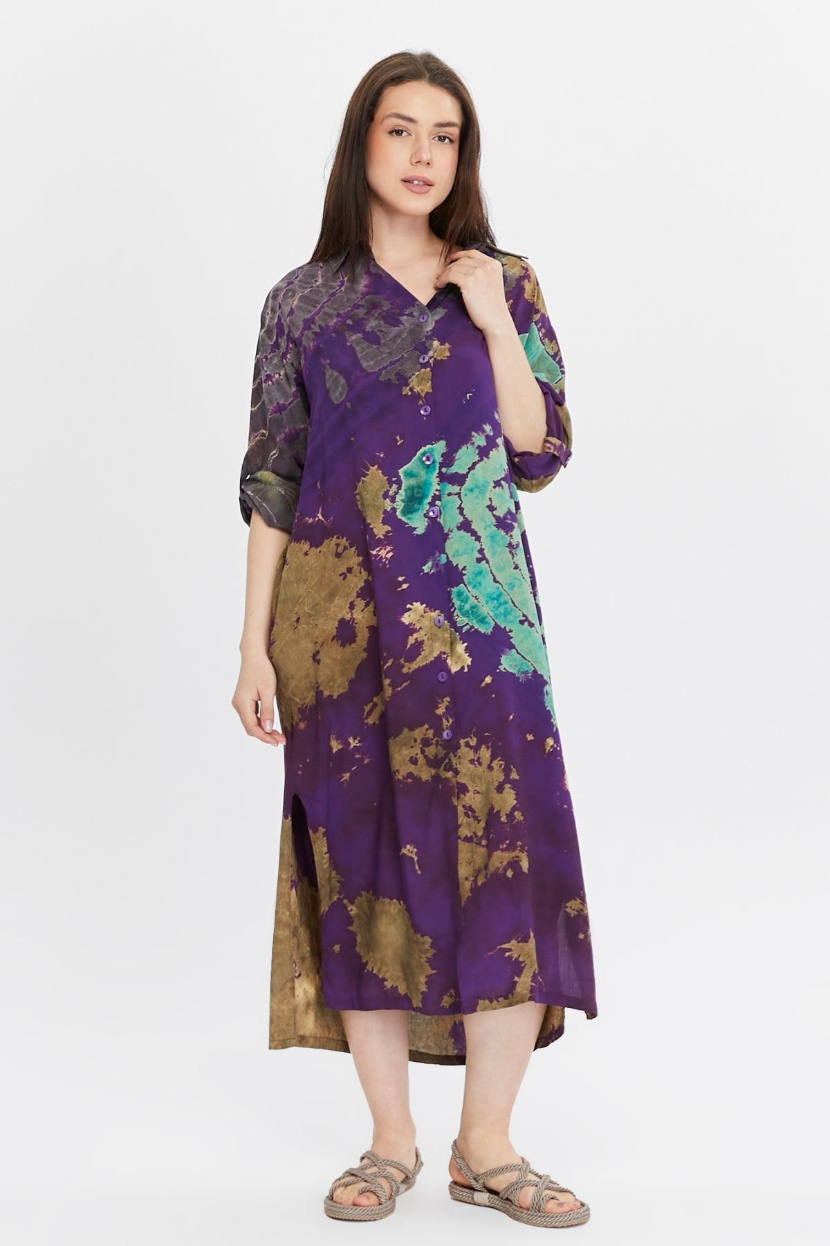 Batik Desenli Mor Gömlek Elbise Elbiseler butik bohem giyim – Yılday Gür Butik Üsküdar Emaar