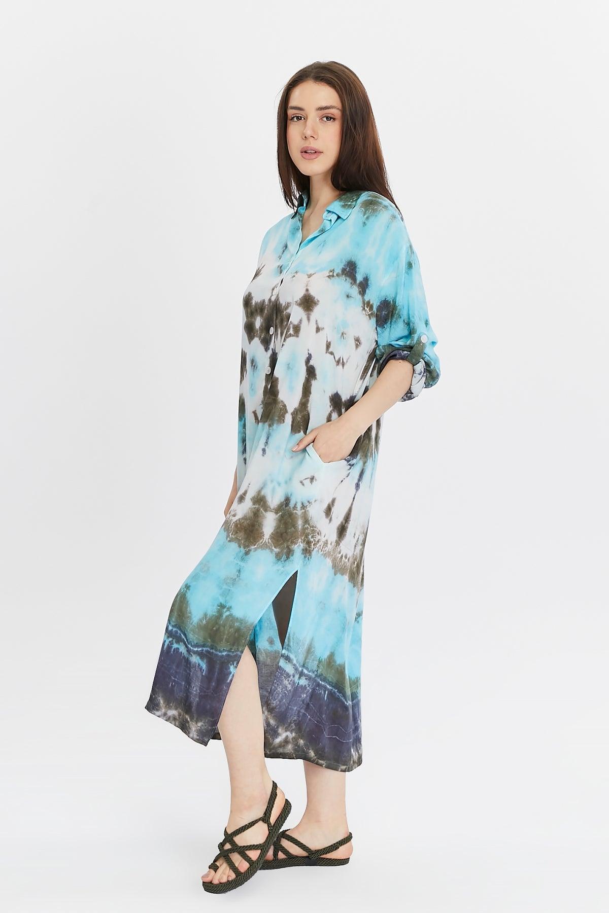 Batik Desenli Turkuaz Gömlek Elbise – Bohem Tarz Kadın Giyim Tasarım | Yılday Gür Butik