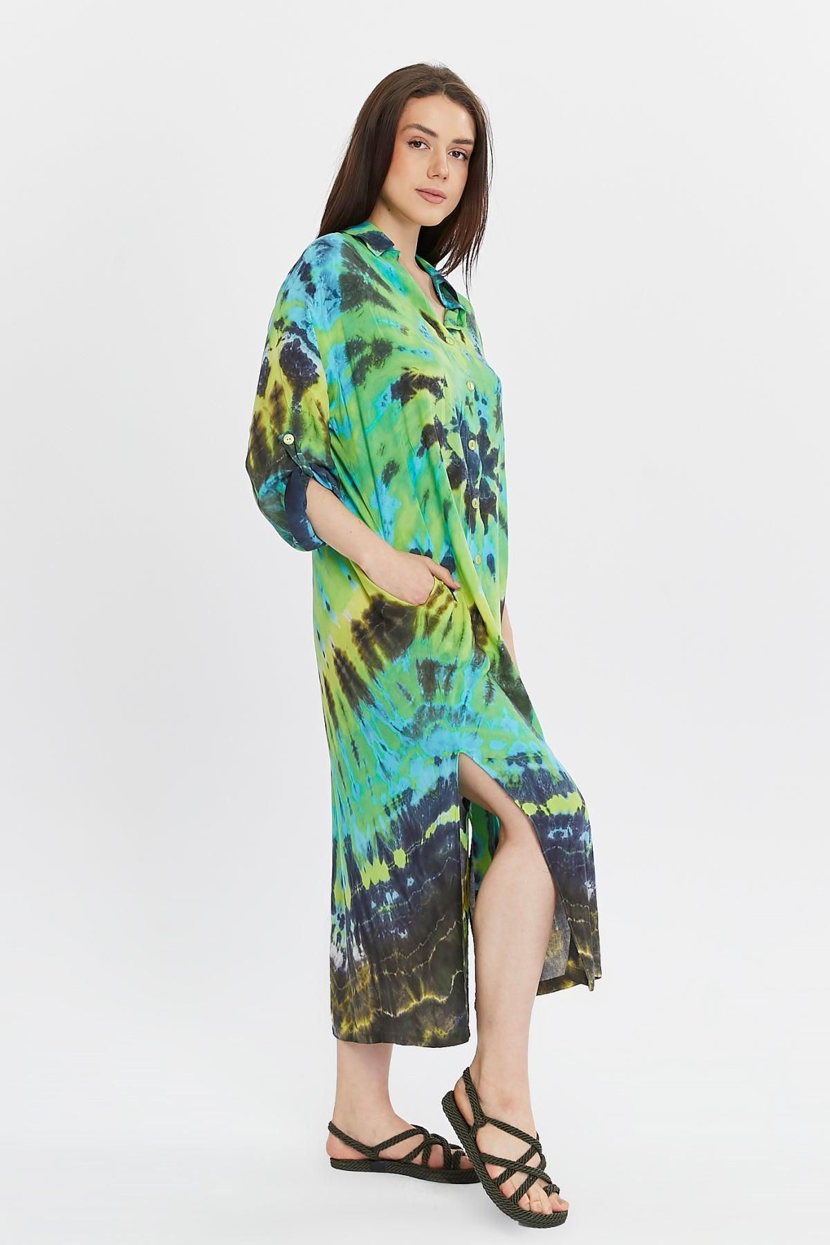 Batik Desenli Yeşil Gömlek Elbise – Bohem Tarz Kadın Giyim Tasarım | Yılday Gür Butik