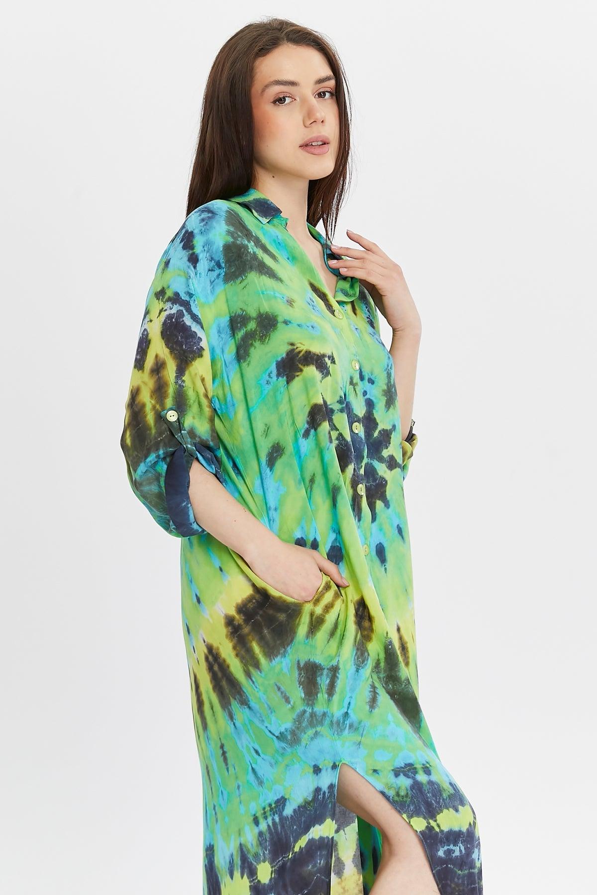 Batik Desenli Yeşil Gömlek Elbise – Bohem Tarz Kadın Giyim Tasarım | Yılday Gür Butik