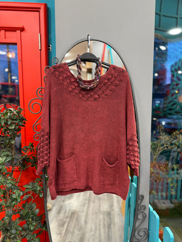 Bordo Cep Detaylı Ajurlu Yaka Triko Kazak Giyim > Üst Giyim > Kazak & Hırka > Kazak butik bohem giyim – Yılday Gür Butik Üsküdar Emaar