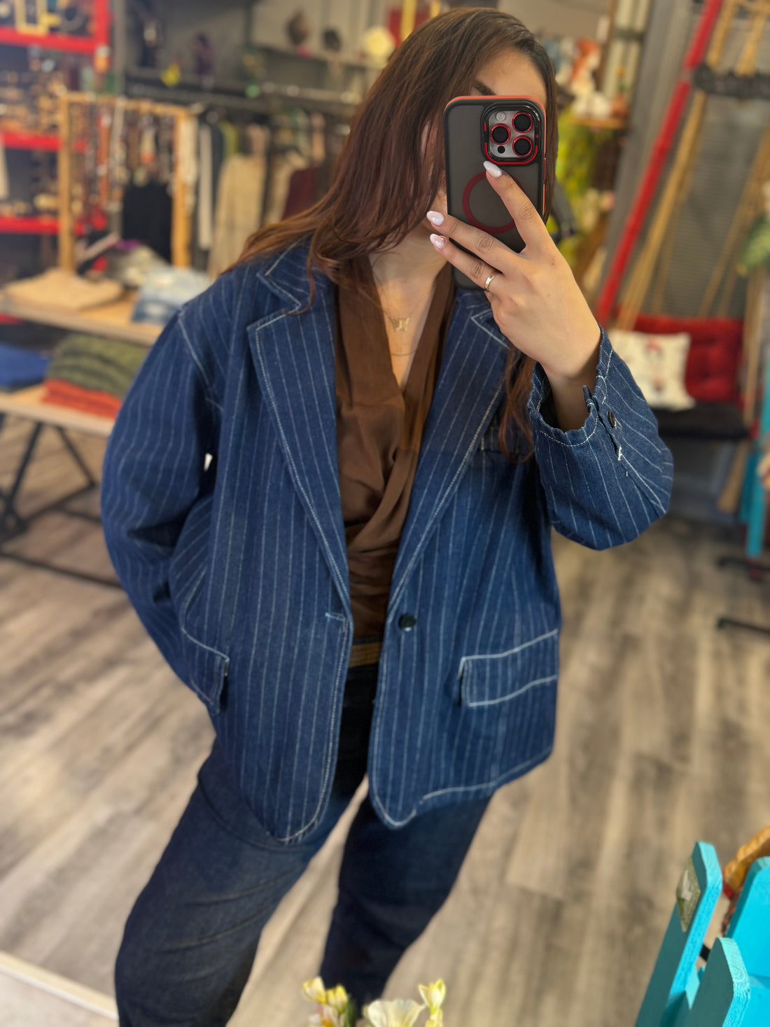 Boyfriend Çizgili Cepli Kot Blazer Ceket - Oversize Denim Şıklığı Giyim > Dış Giyim > Ceket & Yelek > Ceket butik bohem giyim – Yılday Gür Butik Üsküdar Emaar