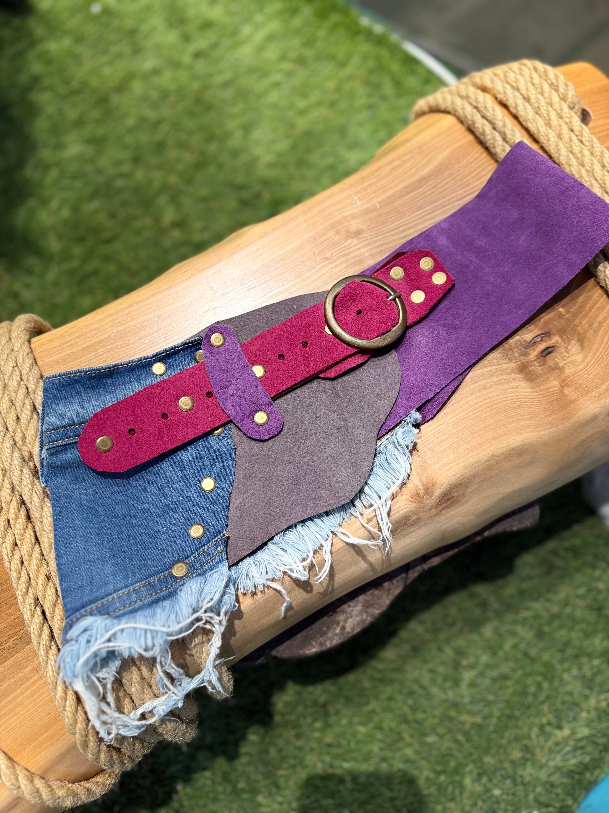 Celine Denim Detaylı Nubuk Renkli Hakiki Deri Kemer - El Yapımı Patchwork Tasarım – Bohem Tarz Kadın Giyim Tasarım | Yılday Gür Butik