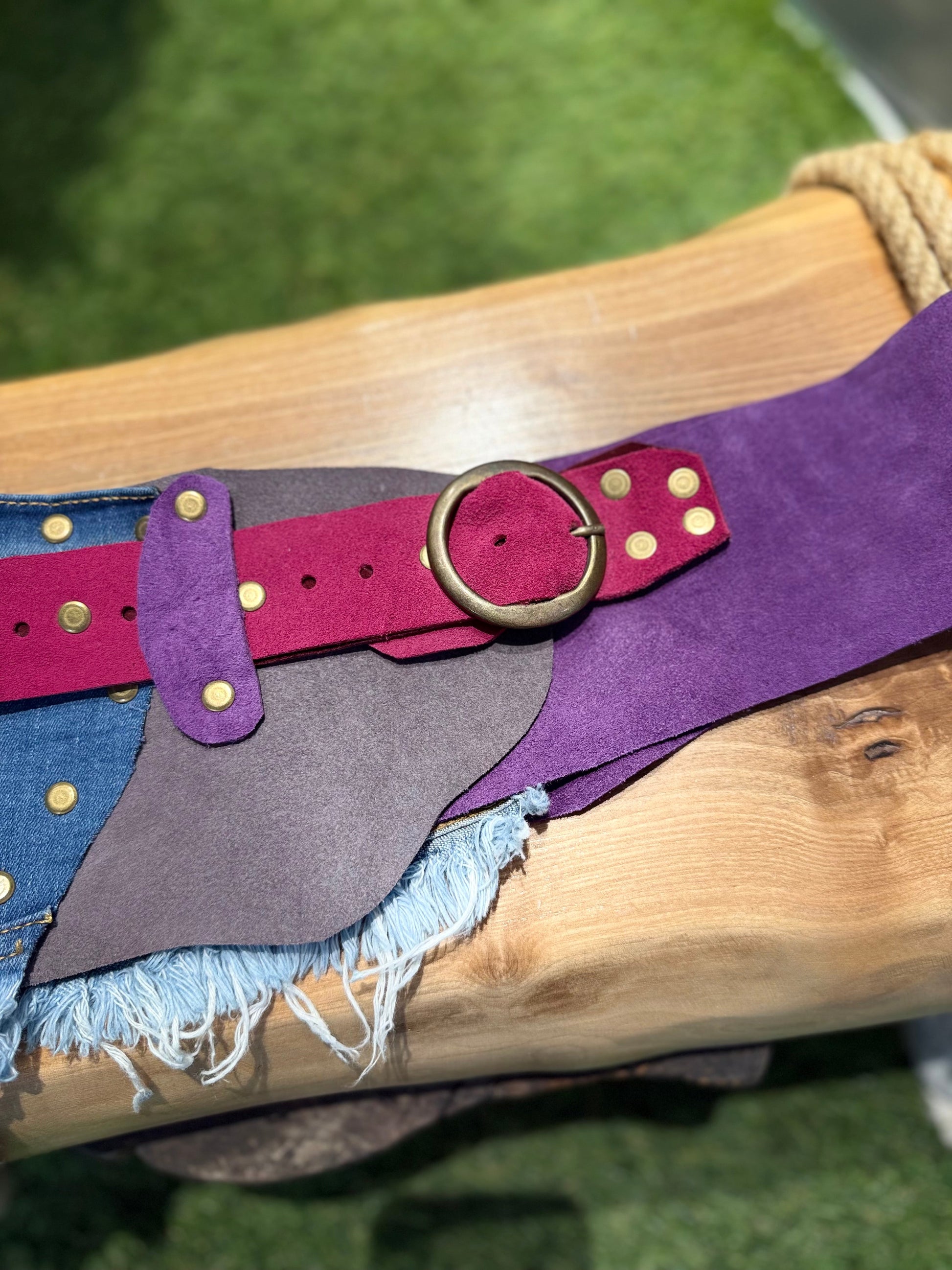 Celine Denim Detaylı Nubuk Renkli Hakiki Deri Kemer - El Yapımı Patchwork Tasarım – Bohem Tarz Kadın Giyim Tasarım | Yılday Gür Butik