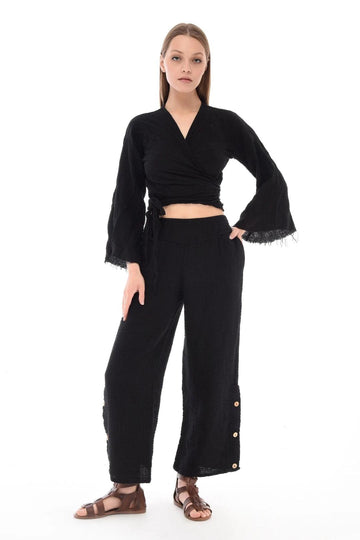 Düğme Detaylı Siyah Müslin Pantolon Giyim > Alt Giyim > Pantolon butik bohem giyim – Yılday Gür Butik