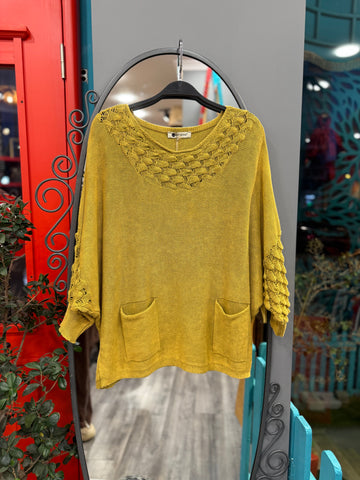 Hardal Sarısı Cep Detaylı Ajurlu Yaka Triko Kazak Giyim > Üst Giyim > Kazak & Hırka > Kazak butik bohem giyim – Yılday Gür Butik Üsküdar Emaar