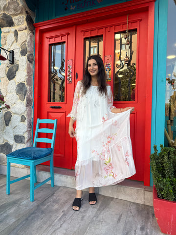 White Silk Dress with Floral Pattern – Elegant and Feminine Design 
