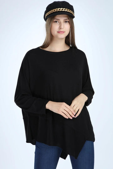Asymmetrical Black Knit Blouse - Comfortable and Stylish Design