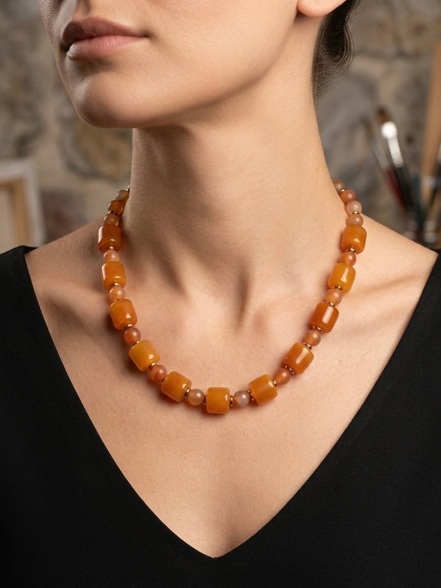 Karnelyan ve Akik Doğal Taş Kolye - El Yapımı Lüks Tasarım Aksesuarlar > Takılar > Kolye butik bohem giyim – Yılday Gür Butik Üsküdar Emaar