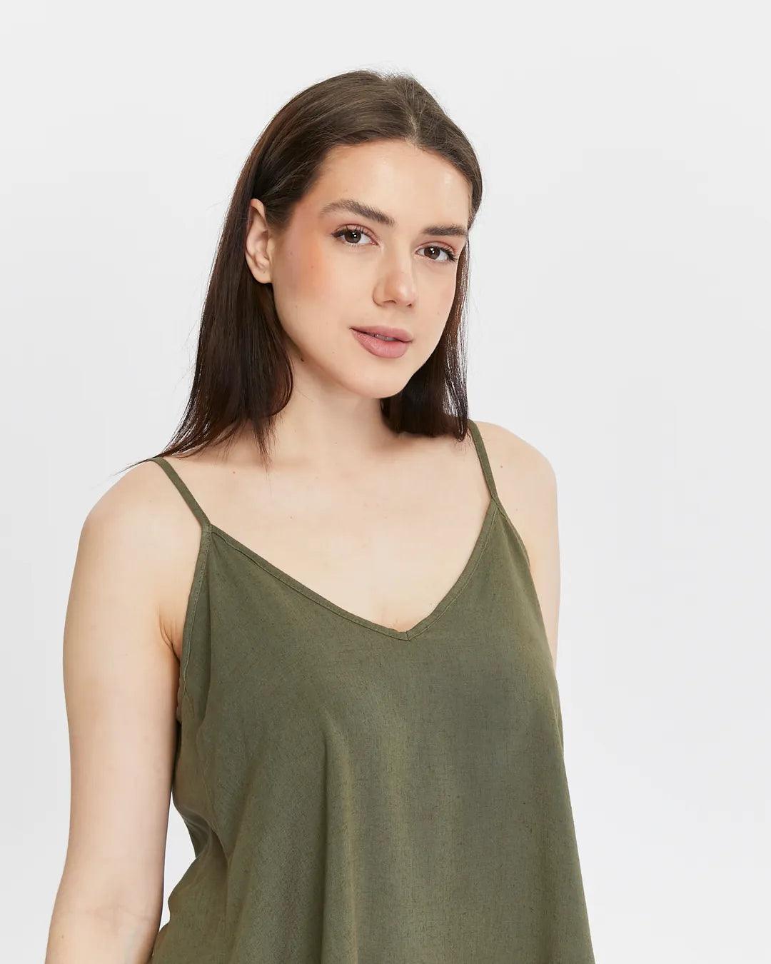 Keten Askılı Haki Bluz - Doğal ve Şık Tasarım butik bohem giyim – Yılday Gür Butik Üsküdar Emaar