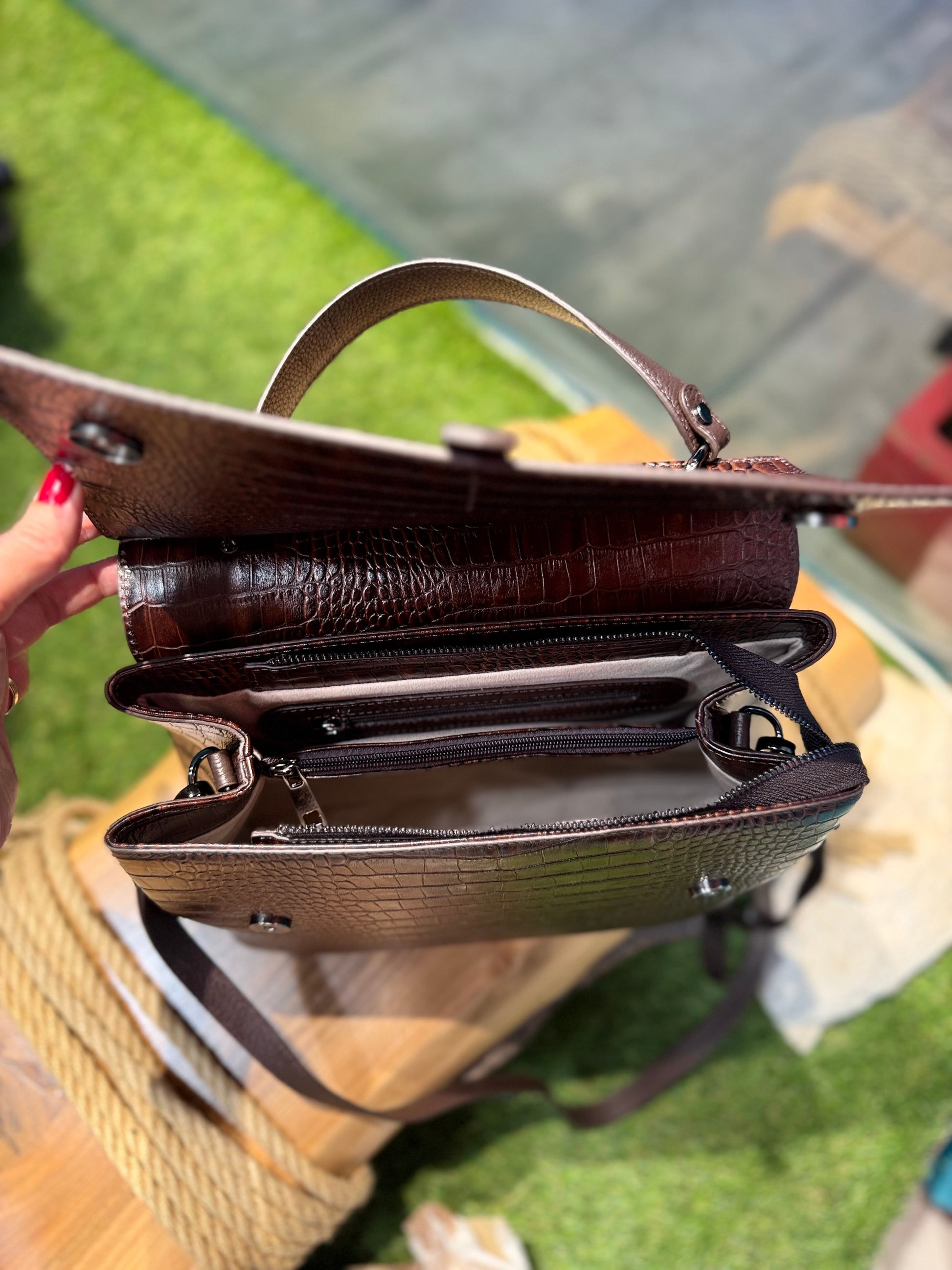Kroko Desenli Hakiki Deri El ve Omuz Çantası - Bohem Vintage Tasarım – Bohem Tarz Kadın Giyim Tasarım | Yılday Gür Butik