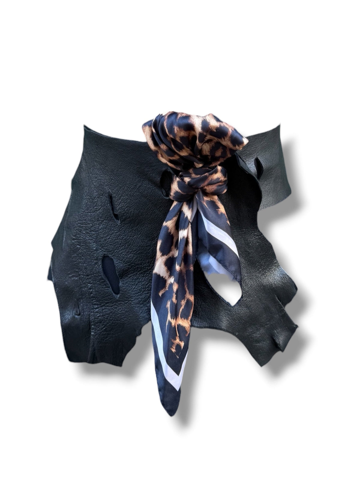 Leopard Asimetrik Kadın Deri Kemer | Fular Detaylı Korse Kemer – Bohem Tarz Kadın Giyim Tasarım | Yılday Gür Butik