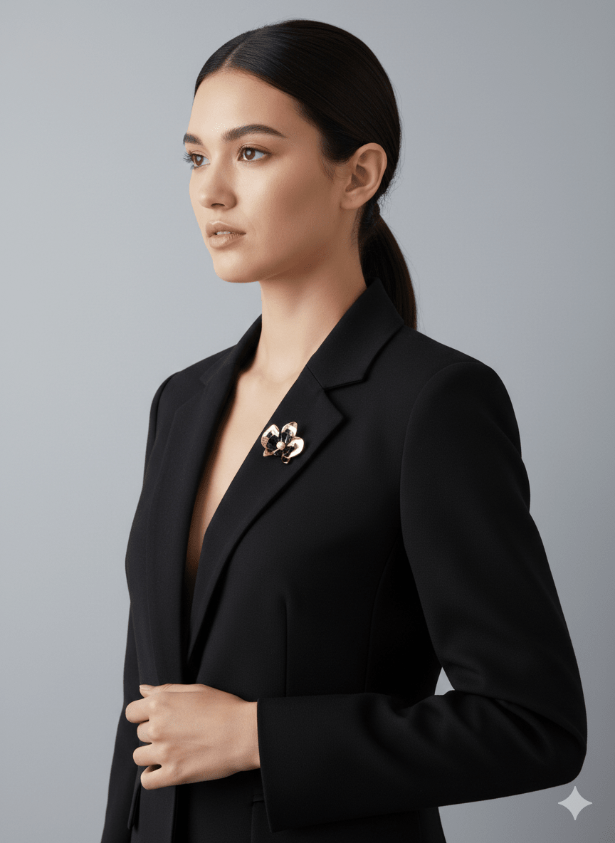 Orkide El Yapımı Broş - Metalik Gold ve Mat Siyah Kontrastlı İnci Detaylı Aksesuar Aksesuarlar butik bohem giyim – Yılday Gür Butik Üsküdar Emaar