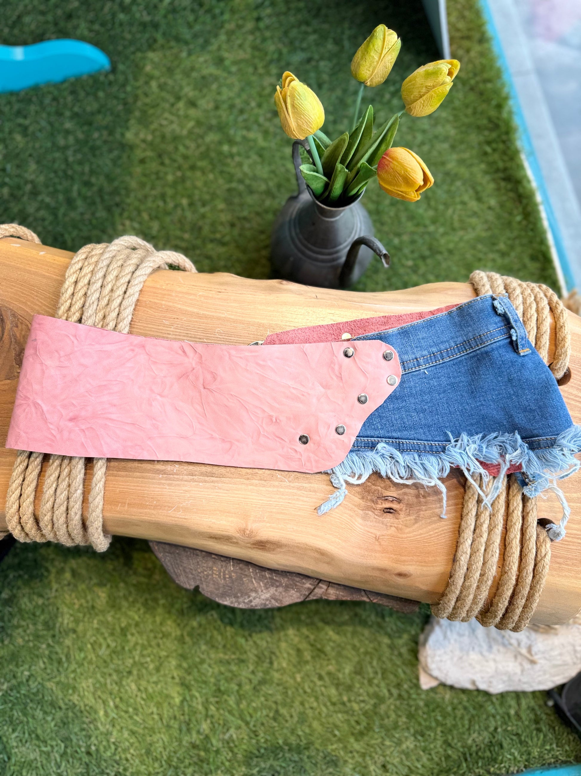 Pinkieby El Yapımı Denim Detaylı Hakiki Deri Bohem Korse Kemer – Bohem Tarz Kadın Giyim Tasarım | Yılday Gür Butik