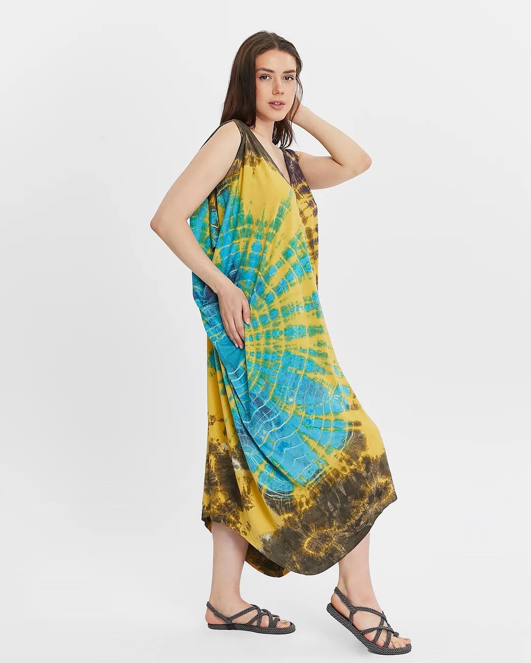 Sarı Batik Elbise - Organik Sertifikalı Viskon Kumaş, Rahat Tasarım Elbiseler butik bohem giyim – Yılday Gür Butik Üsküdar Emaar
