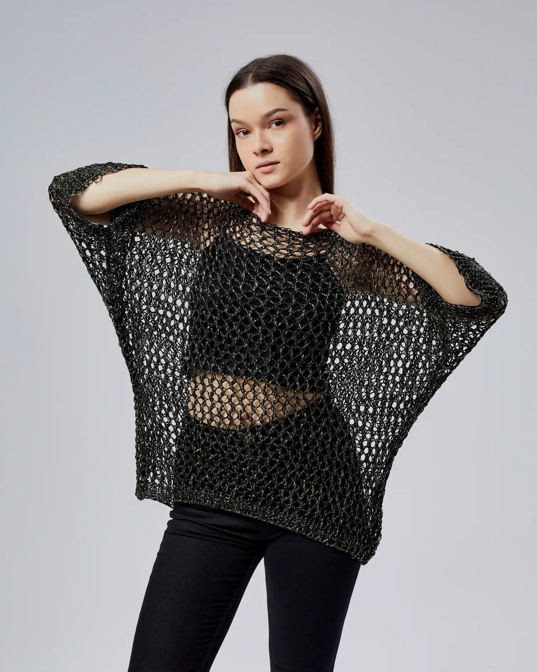 Silver Simli Siyah File Triko - Işıltılı Oversize Lüks Kadın Bluz Giyim > Üst Giyim > Kazak & Hırka > Kazak butik bohem giyim – Yılday Gür Butik Üsküdar Emaar
