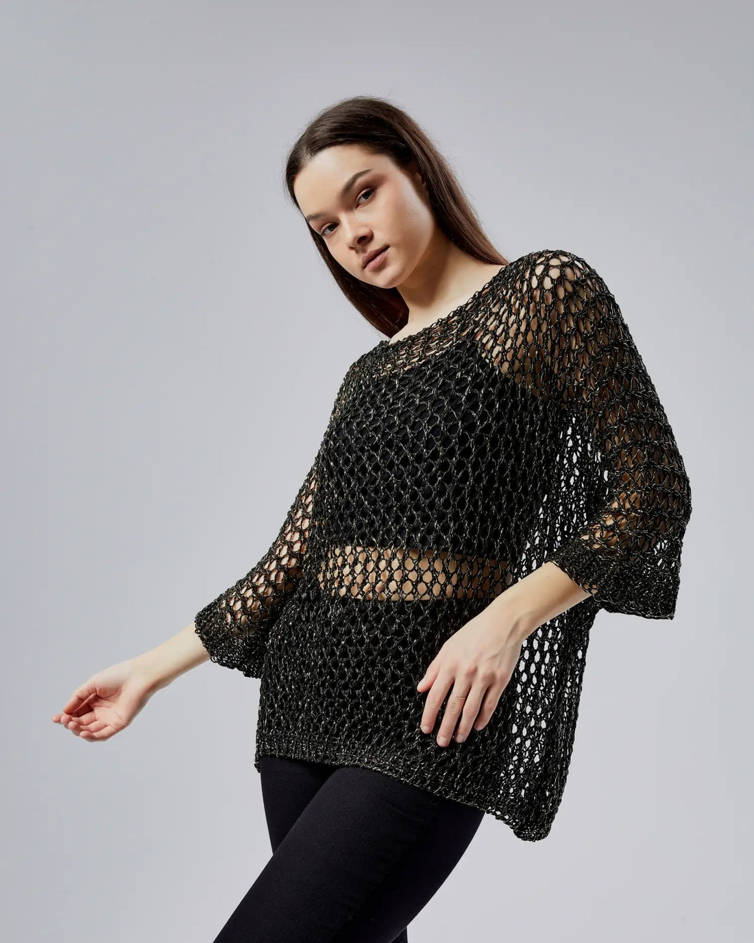 Silver Simli Siyah File Triko - Işıltılı Oversize Lüks Kadın Bluz Giyim > Üst Giyim > Kazak & Hırka > Kazak butik bohem giyim – Yılday Gür Butik Üsküdar Emaar