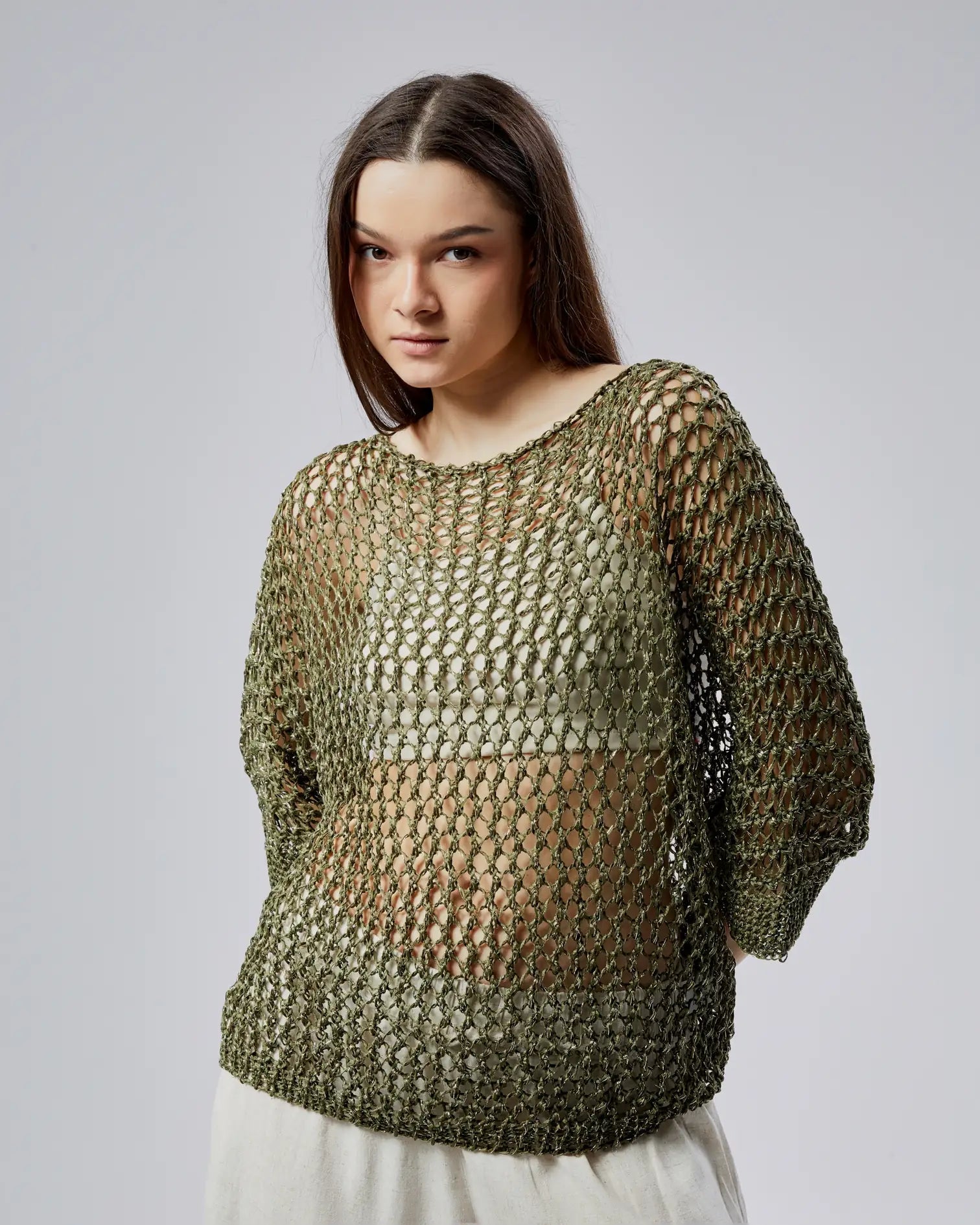 Simli Haki Işıltılı File Triko - Oversize Lüks Dokulu Kadın Kazak Giyim > Üst Giyim > Kazak & Hırka > Kazak butik bohem giyim – Yılday Gür Butik Üsküdar Emaar