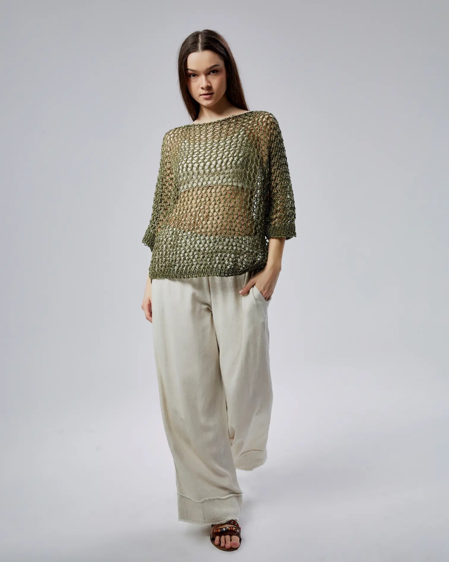 Simli Haki Işıltılı File Triko - Oversize Lüks Dokulu Kadın Kazak Giyim > Üst Giyim > Kazak & Hırka > Kazak butik bohem giyim – Yılday Gür Butik Üsküdar Emaar