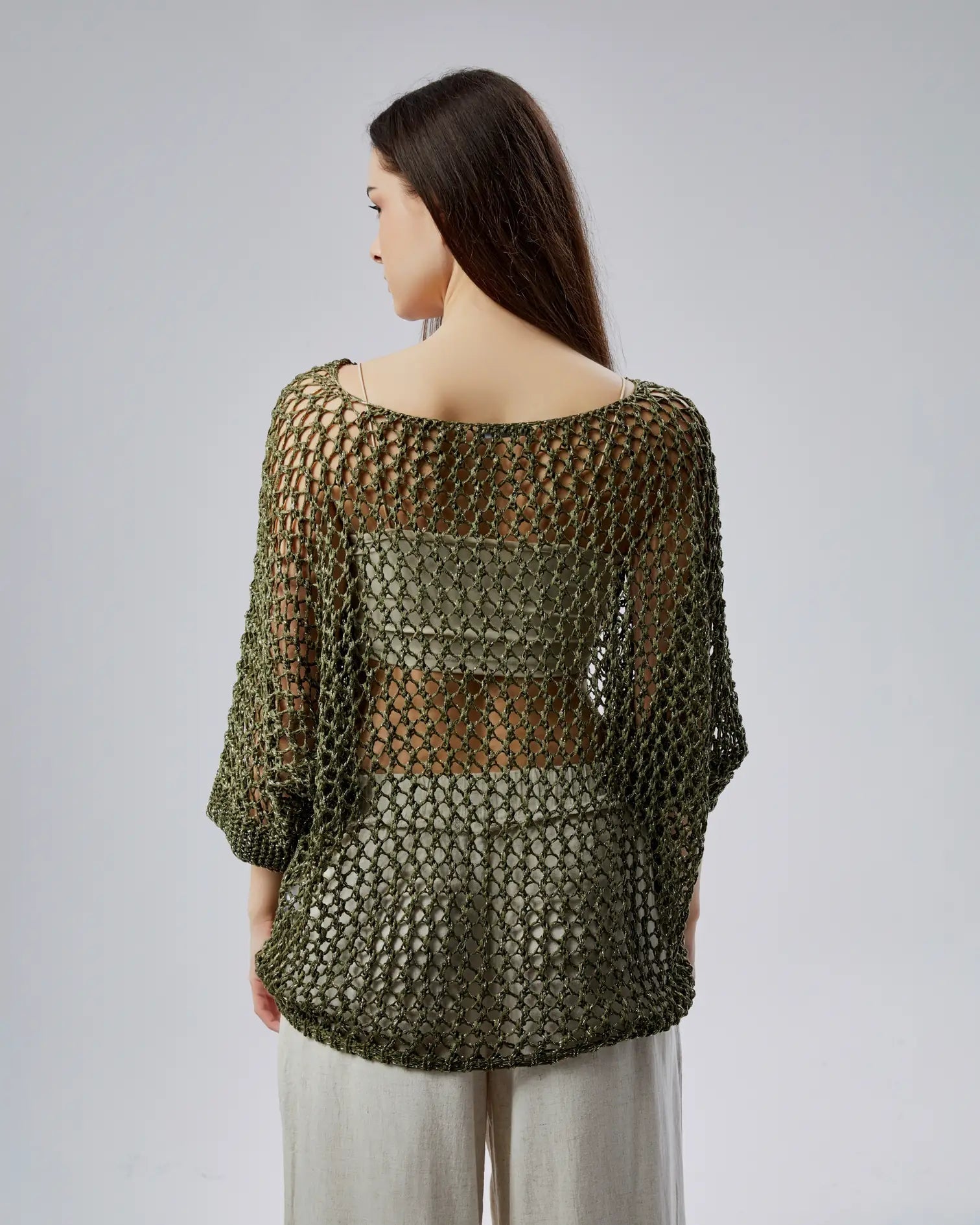 Simli Haki Işıltılı File Triko - Oversize Lüks Dokulu Kadın Kazak Giyim > Üst Giyim > Kazak & Hırka > Kazak butik bohem giyim – Yılday Gür Butik Üsküdar Emaar