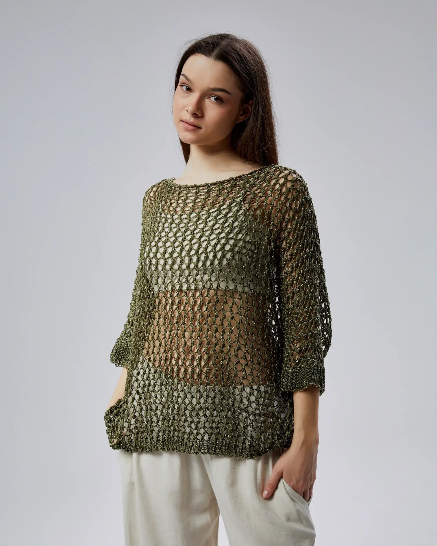 Simli Haki Işıltılı File Triko - Oversize Lüks Dokulu Kadın Kazak Giyim > Üst Giyim > Kazak & Hırka > Kazak butik bohem giyim – Yılday Gür Butik Üsküdar Emaar