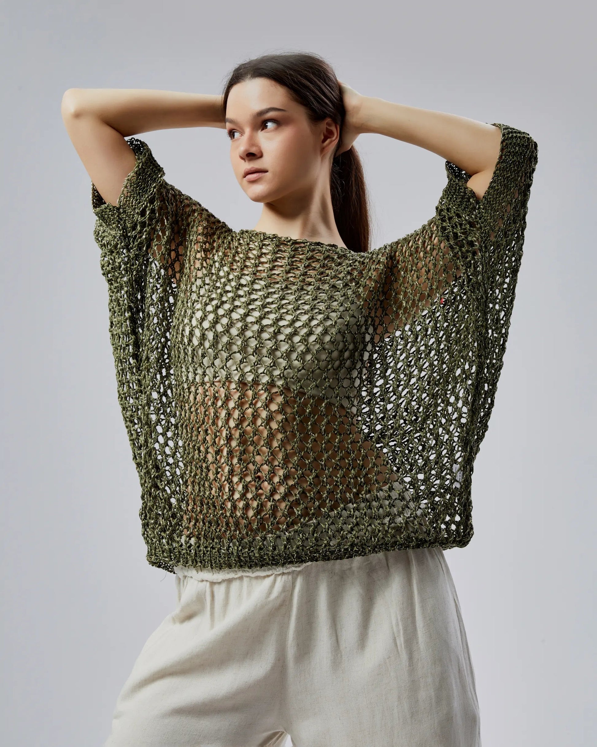 Simli Haki Işıltılı File Triko - Oversize Lüks Dokulu Kadın Kazak Giyim > Üst Giyim > Kazak & Hırka > Kazak butik bohem giyim – Yılday Gür Butik Üsküdar Emaar